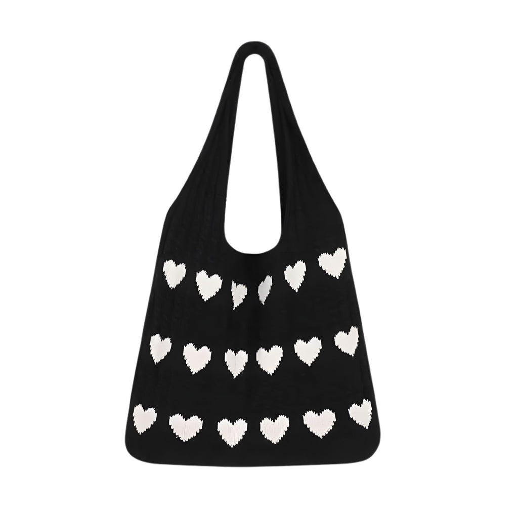 ZOYZO Premium Knitted Heart Pattern Tote Bag For Women Large Capacity Crochet Shoulder Handbag Stylish Durable Lightweight Bag For Shopping Beach Travel Work Everyday Use(Black,Pack of 1)