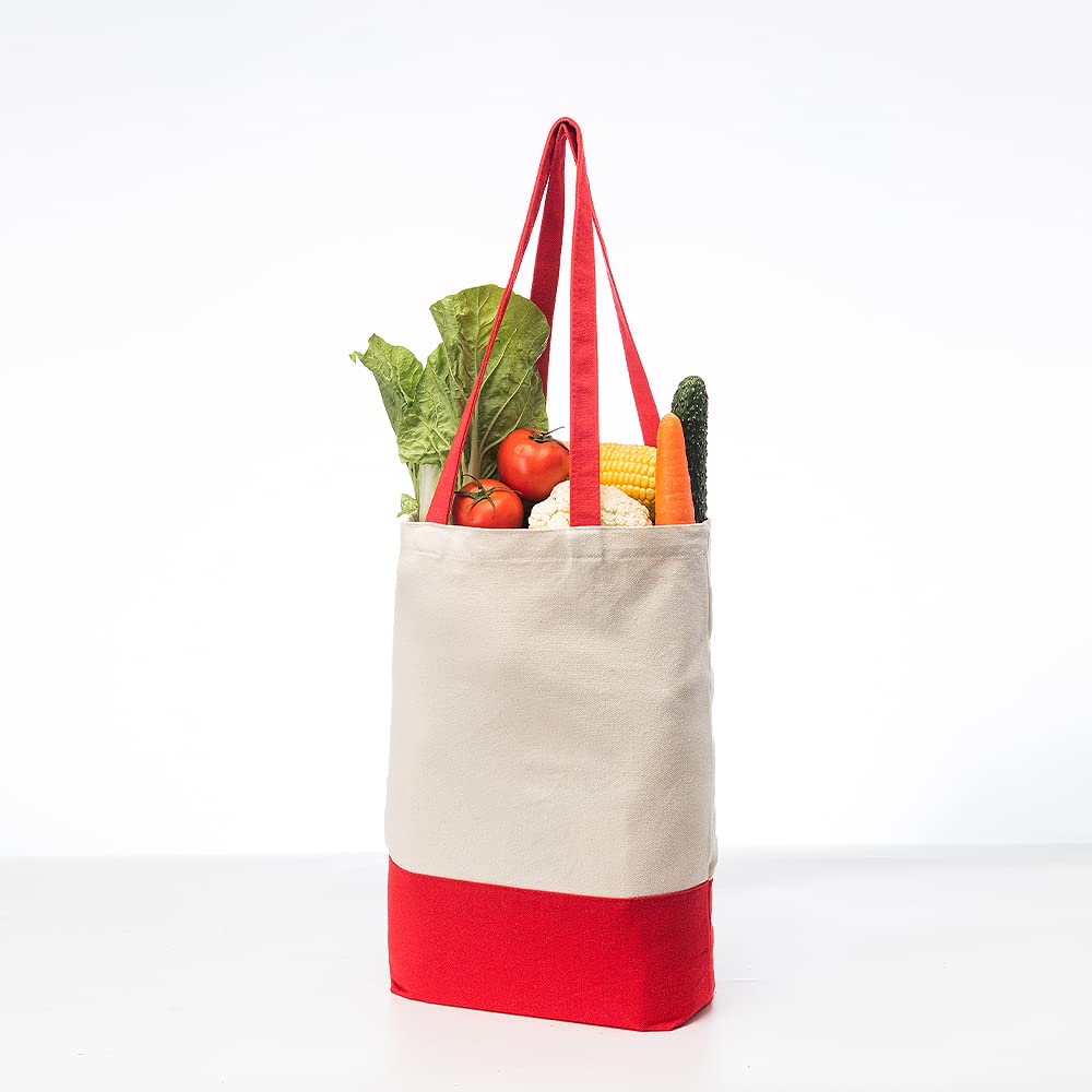 Heavy Duty 12 oz Cotton Canvas Tote Bag with Bottom Gusset Grocery Beach Shopping Bag 17x14x4 Inches (Red - 12 Pack)