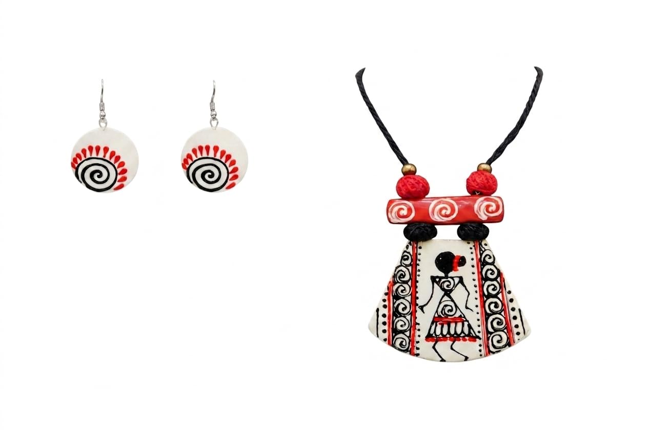 Create -hub ; By Indrani Saha Handcrafted Terracotta Necklace Set with Earrings – Traditional Indian Jewelry, Statement Pendant Design, Ethnic Handmade Jewellery for Women & Girls (White)