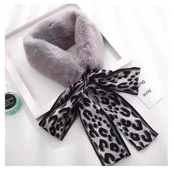 THE DDS STORE Winter Women Faux Fur Collar Leopard Print Scarves Plush Wrap Korea Bow Tie Neck Warmer Formal Party Shawl (Coffee)