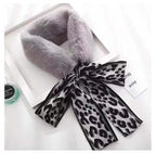 THE DDS STORE Winter Women Faux Fur Collar Leopard Print Scarves Plush Wrap Korea Bow Tie Neck Warmer Formal Party Shawl (Coffee)