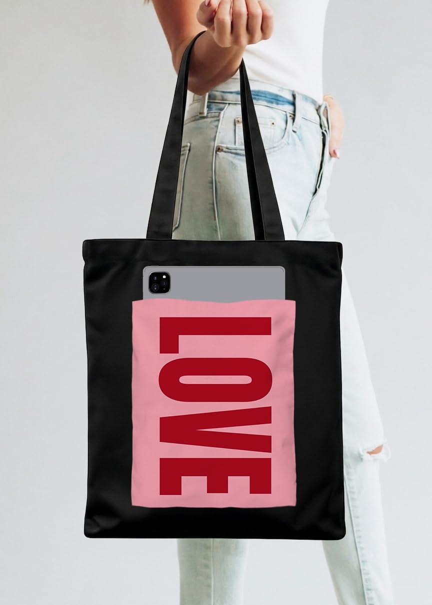 ZORI love Print Black Tote Bag With Pocket Printed Designed Canvas Tote Bags For Women large capacity,Tote bag For Shopping, College, Travel, More Canvas Handbag For Unisex Bag