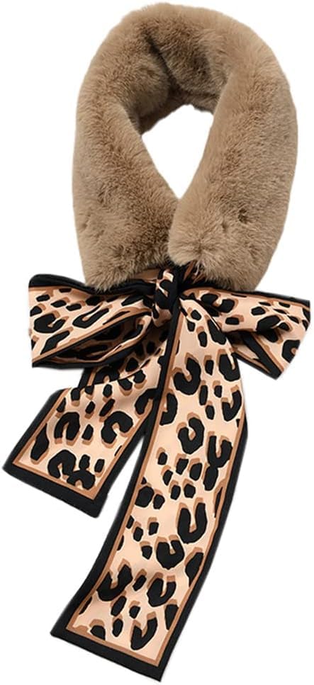 THE DDS STORE Winter Women Faux Fur Collar Leopard Print Scarves Plush Wrap Korea Bow Tie Neck Warmer Formal Party Shawl (Khaki)