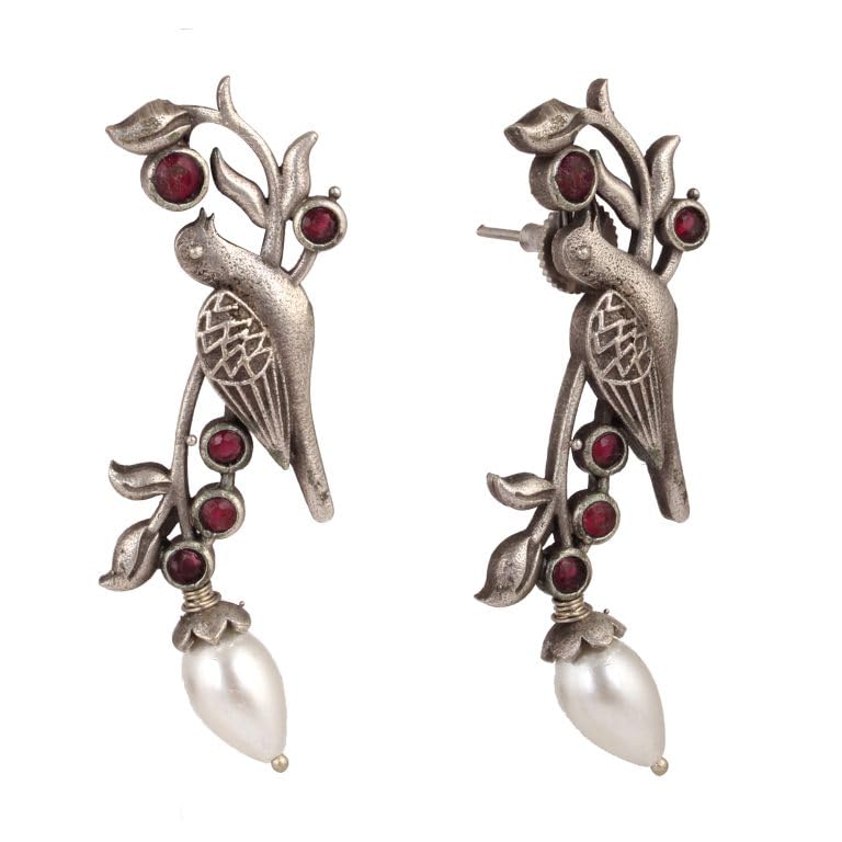 El Regalo Oxidized Bird Earrings with Pearl- Handmade Silver Replica Brass Earrings in Antique Silver Finish for Girls & Women