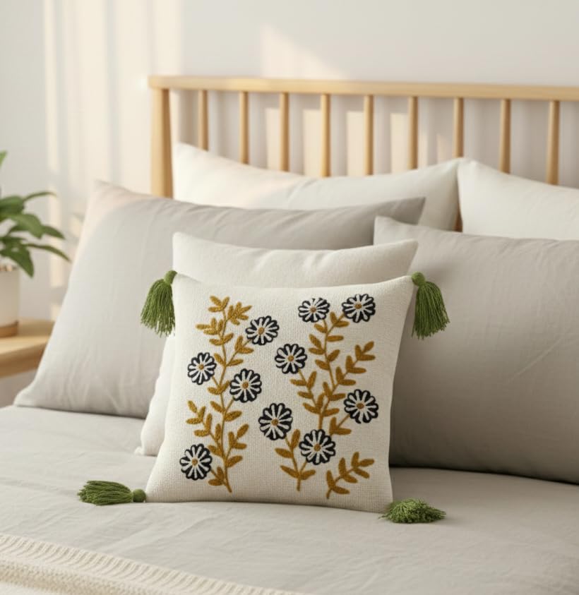 Furnistitchs Handmade Tufted Boho Cushion Covers 12x12 Inches | Embroidered Sofa Pillow Cases | Rustic Bohemian Decorative Throw Cushions for Couch Bedroom Living Room (5, Navy Aster)