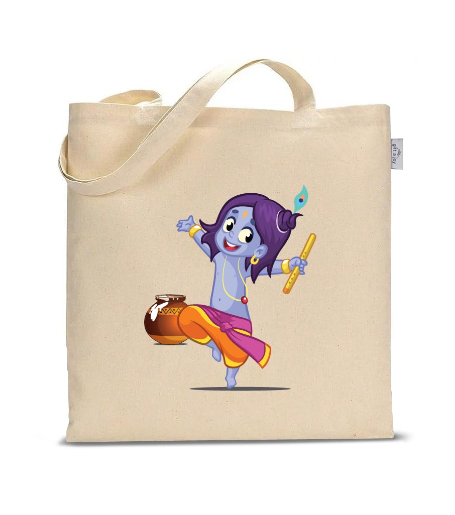 Gift a Joy Govinda Printed Cotton Canvas Tote Bag for Women | Reusable Shoulder Shopping Bag | Eco-Friendly Tote for Office, College, Travel & Everyday Use