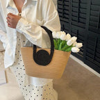 DYARCHY Handmade Crochet Tote Bag with Circular Handle, Beige and Black, 25 cm x 15 cm (BEIGE BLACK)
