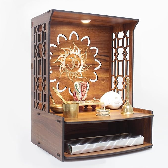 LET'S DIY Wooden Handcrafted Temple with OM Carving | Traditional Home Mandir for Home & Office (Pack of 1)