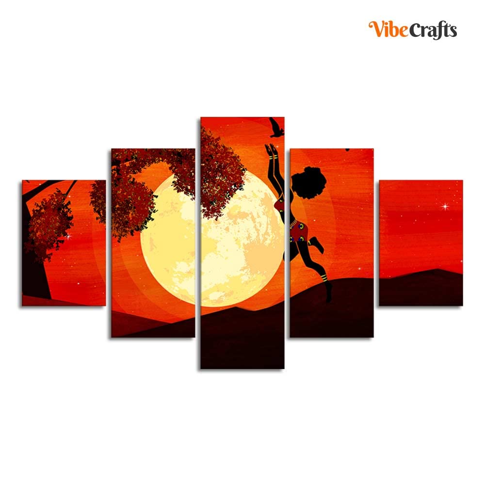 VIBECRAFTS Girl Catching Bird Premium Wall Painting Set of Five For Home|Office|Living Room|Gift (PTVC5Pcs1_5536)