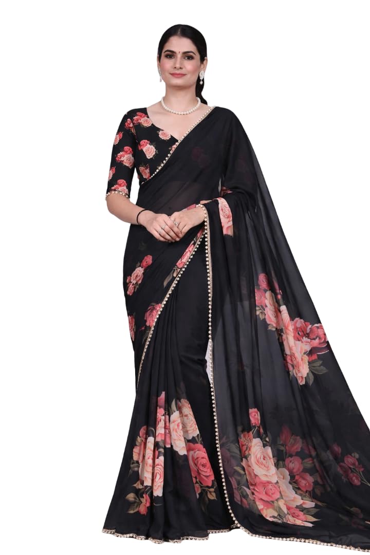Femori Women's Georgette Floral Printed Saree, Aqua Blue with Pearl Border Detailing, Lightweight and Breathable (BLACK)