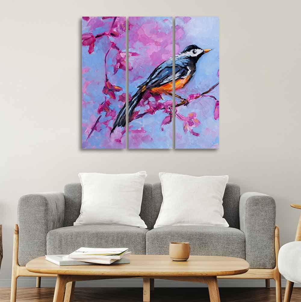 VIBECRAFTS Bird With Nature 3 Pieces Canvas Wall Painting Fitted With Wooden Frame For Home | Office | Living Room | Gifts (PTVC3Pcs1_9503)