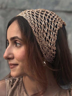 Hair Drama Co. Boho Crochet Scarf For Women | Small Size Golden Crochet Headscarf | Bohemian Bandana Scarves | Metallic Thread Headband Scarfs for All Seasons
