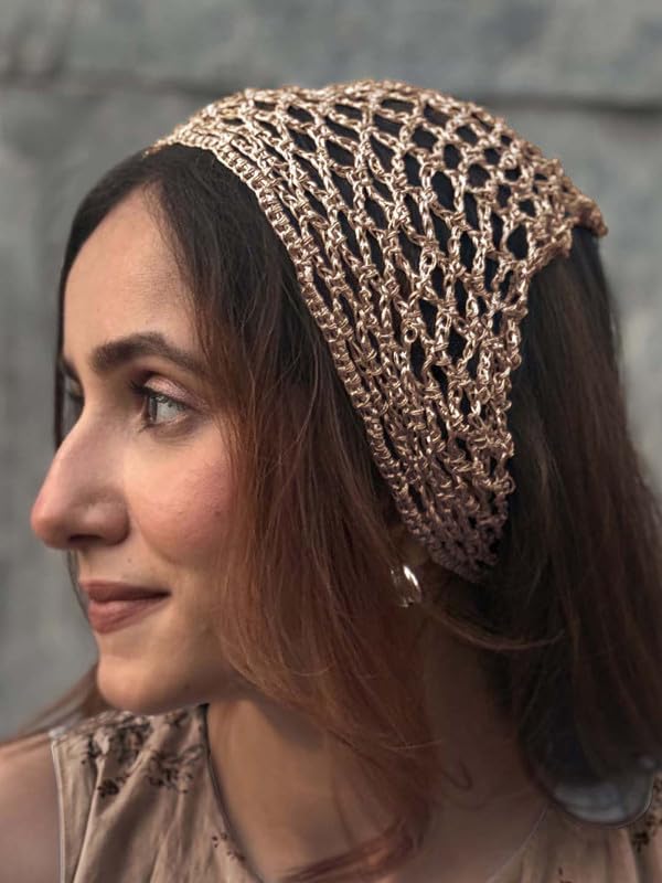 Hair Drama Co. Boho Crochet Scarf For Women | Small Size Golden Crochet Headscarf | Bohemian Bandana Scarves | Metallic Thread Headband Scarfs for All Seasons