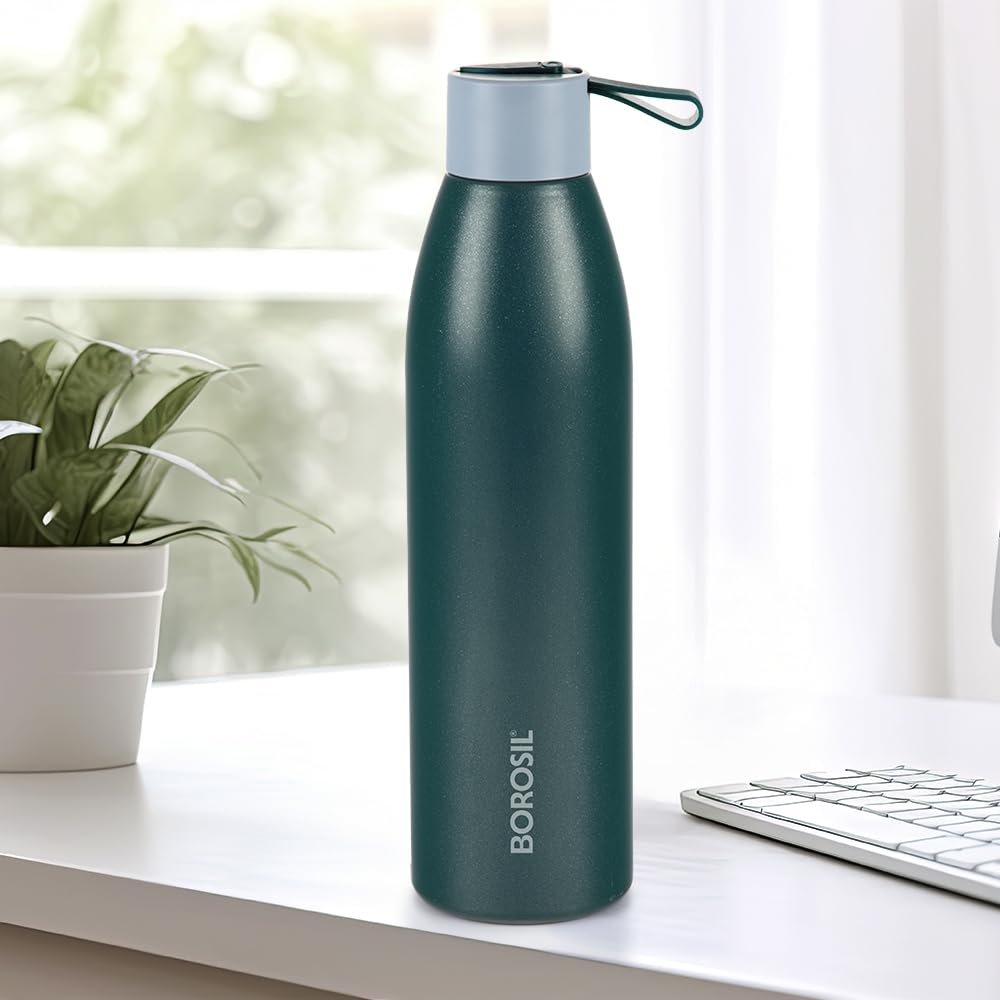 Borosil Hydra 750ml Duomate Green Stainless Steel Bottle | 24 Hours Hot and Cold Double Wall Vacuum Insulated with Copper Coating | 1 Year Warranty