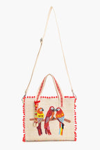Boho Girl Handmade Embroidered Jute Tote Bag for Women, Eco-Friendly Parrot Design, Pom-Pom Accents, Spacious & Durable, Convertible Handbag & Shoulder Bag, Perfect for Travel & Beach 9 inch