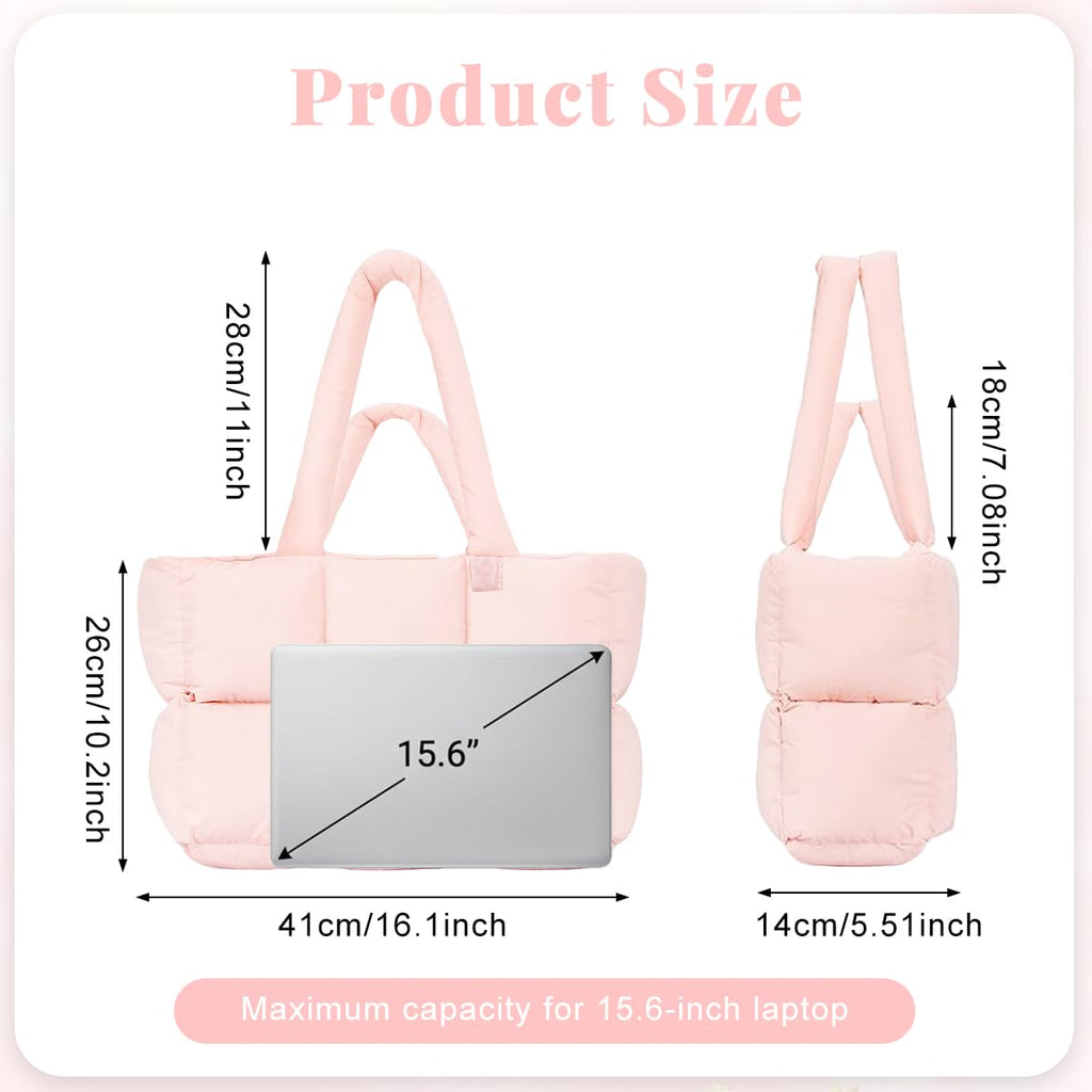 PALAY® Puffer Tote Bag with Zipper for Women Large Quilted Puffy Handbag with Cup Holder and Laptop Compartment for Work Traveling and Daily Use