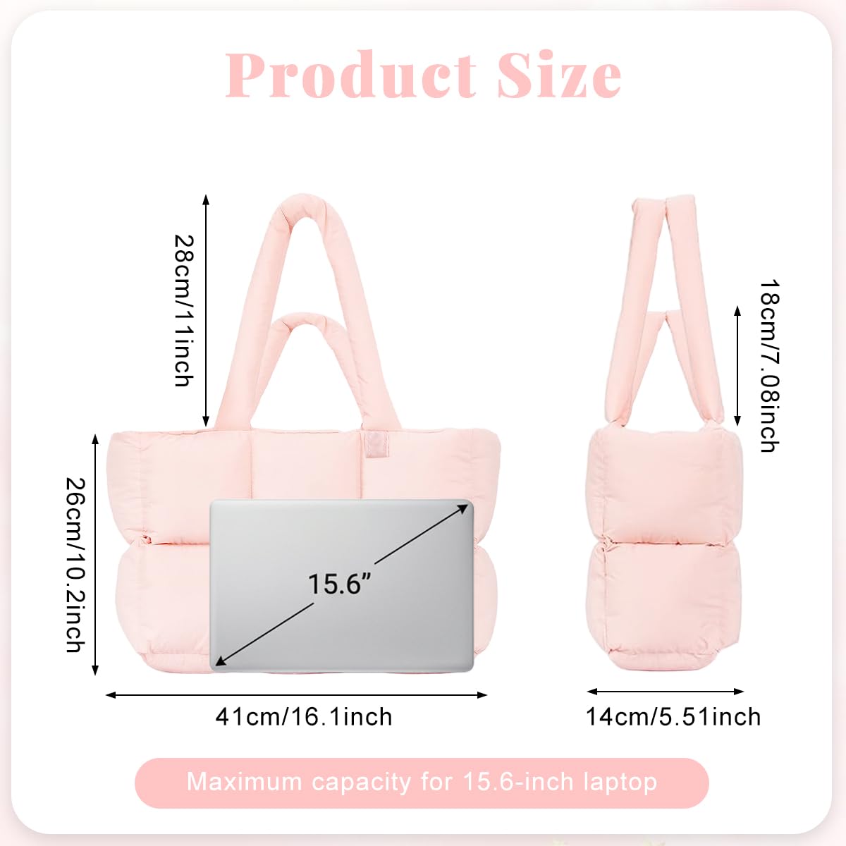 PALAY® Puffer Tote Bag with Zipper for Women Large Quilted Puffy Handbag with Cup Holder and Laptop Compartment for Work Traveling and Daily Use