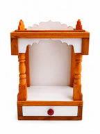 Premium Handcrafted Wooden Mandir for Home & Office | Compact Open Pooja Temple with Storage Drawer (45 x 32 x 22 cm) | Natural Teak Wood & White.