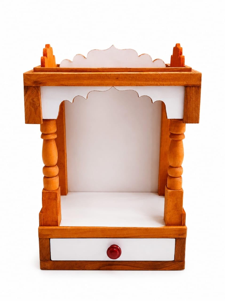 Premium Handcrafted Wooden Mandir for Home & Office | Compact Open Pooja Temple with Storage Drawer (45 x 32 x 22 cm) | Natural Teak Wood & White.