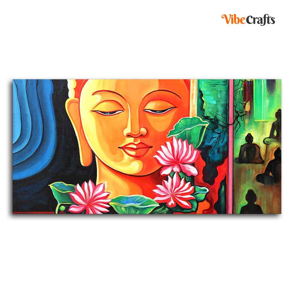 VIBECRAFTS Canvas Paintings for Living Room Drawing Room Spiritual Gautam Buddha Canvas Wall Painting Fitted With Wooden Frame For Home | Office | Living Room | Gift (PTVCH_2499)
