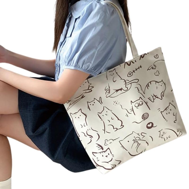 BAGILO Large Capacity Shoulder Bag Shoulder Tote Bag for Women, Cloth Bags for Women, Travel Pouch Canvas Bag Lovely Design Travel Size (Cream)