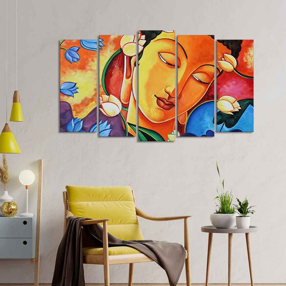 VIBECRAFTS Abstract Wall Painting of Spiritual Buddha Set of Five Pieces For Home|Office|Living Room|Gift (PTVC5Pcs2_6566)