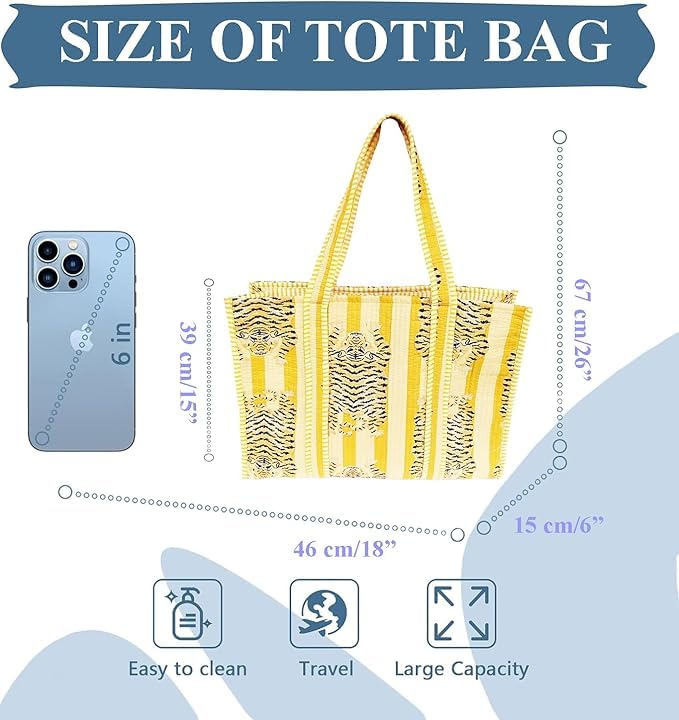Rastogi Handicrafts Quilted Cotton Women Beautiful Printed Grocery Shopping Bag, Shoulder Bag, Tote Bag, Travel Bags, Light Yellow, 18X6X15 Inch