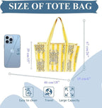 Rastogi Handicrafts Quilted Cotton Women Beautiful Printed Grocery Shopping Bag, Shoulder Bag, Tote Bag, Travel Bags, Light Yellow, 18X6X15 Inch