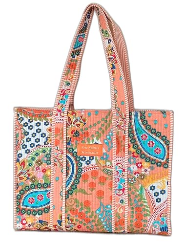 Cotton Tote bag for Women | Shoulder Bag | Durable Shopping bag | Reusable Grocery Bags | Eco friendly Bags| Handmade Cotton Bag | Stylish Quilted handBag |Vegan Tote Bag (PEACH MULT)