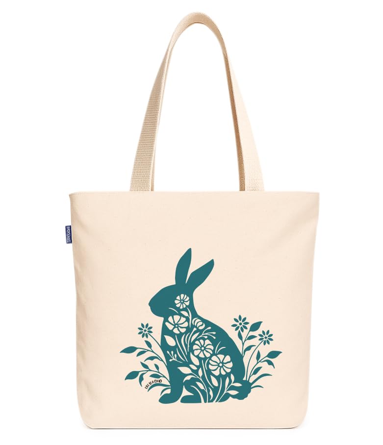 Econest Premium Canvas Tote Bags for Women with zip closer | unique tote bag for Girls, 100% Organic Cotton Tote bag | beach | gift | office, school & Daily Usable strong handbag (Blue Rabbit)