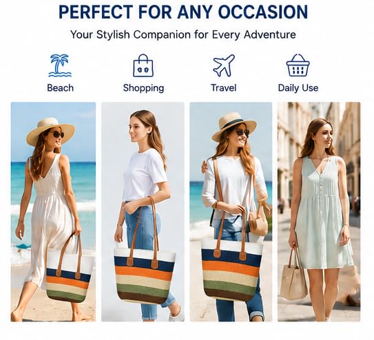 Valerie Women Straw Tote Bag for Beach & Travel, Large Woven Shoulder Handbag with PU Leather Handles, Stylish Summer Tote Purse for Shopping, Vacation & Daily Use (Beige)
