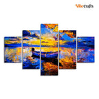 VIBECRAFTS Boat at Colorful Sunset Canvas Wall Painting Five Pieces For Home|Office|Living Room|Gift (PTVC5Pcs1_5523)