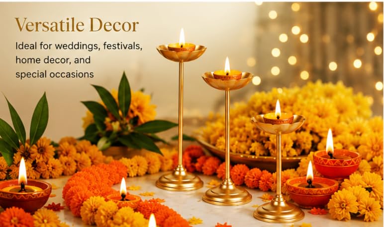 Set of 3 Golden Metal Lotus Tealight Candle Holders – Decorative Flower-Shaped Stands for Home, Festive & Wedding Decor