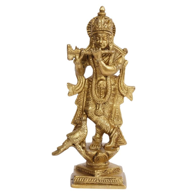 SVARUP Brass Krishna Idol Playing Flute in Gold Color for Small Mandir Height 6 Inch