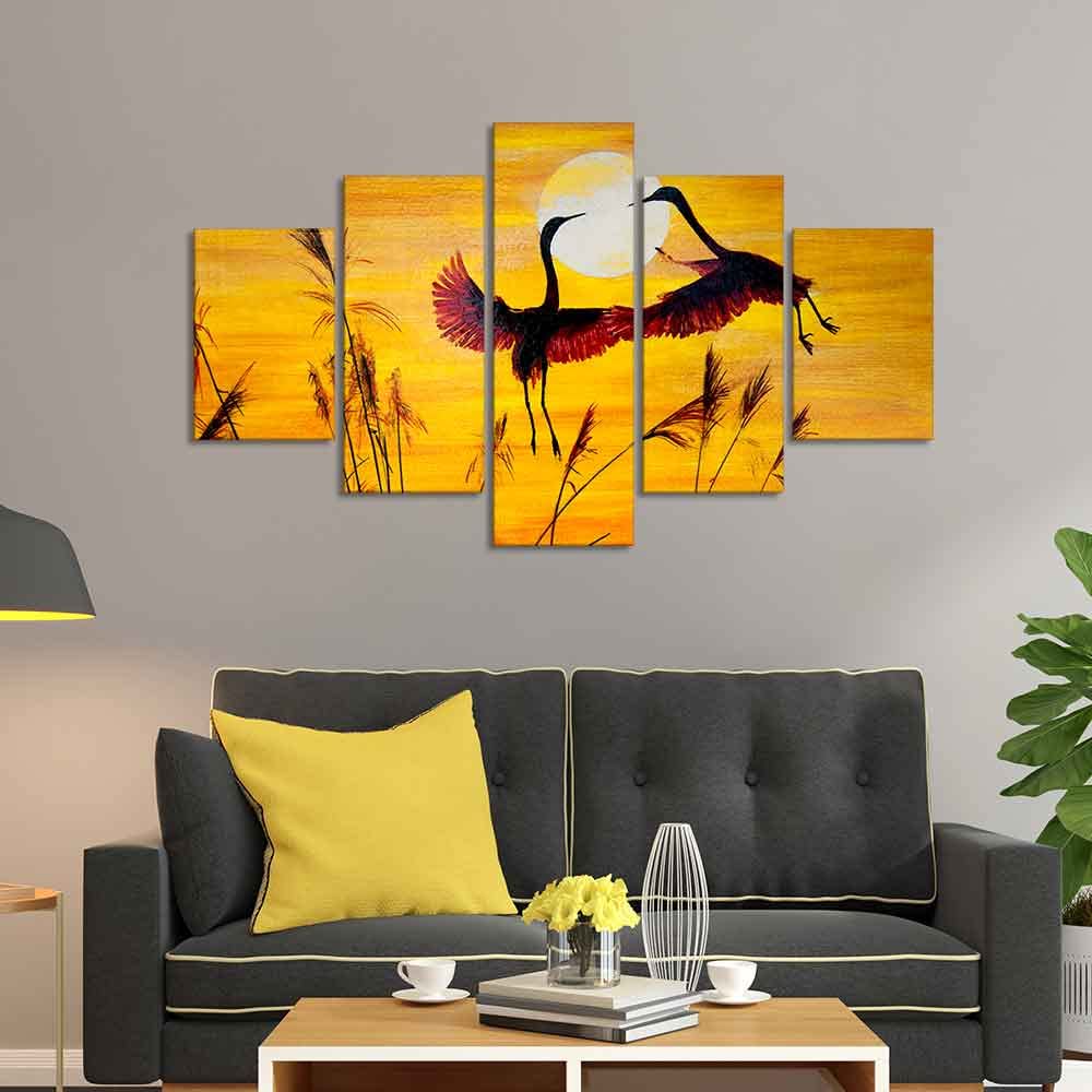 VIBECRAFTS Pair Of Cranes Over An Autumn 5 Pieces Premium Wall Painting For Home|Office|Living Room|Gift (PTVC5Pcs1_5509)