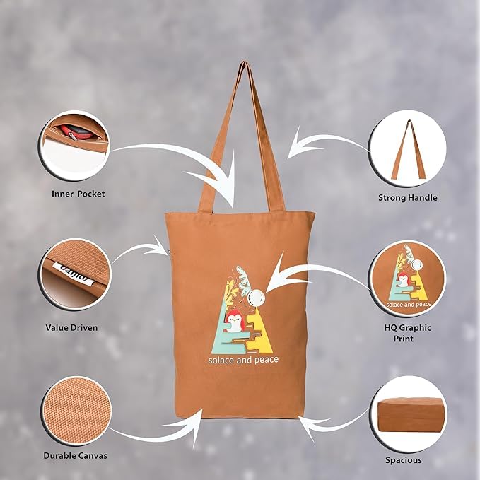 DANIOO Large Canvas Reusable Tote Bags With Zipper and Inner Pocket For Women and Girls Multipurpose College Daily Use | Tote Bags for College | carry bag | shopping bag (Brown)