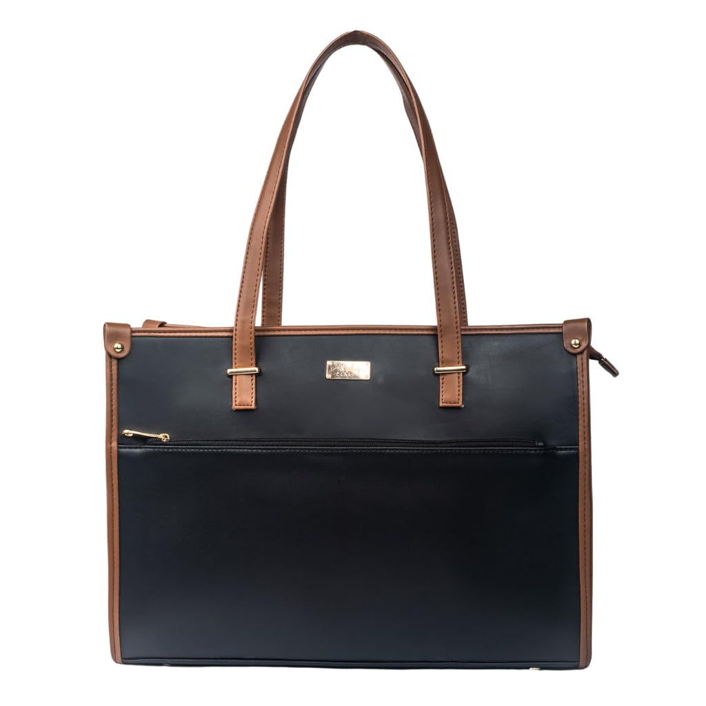 Strokes by Namrata Mehta Box Tote Bag for Women | Fits 16 Laptop | Large Tote Bag For Office Use and Work | Vegan Leather (Charcoal Caramel)