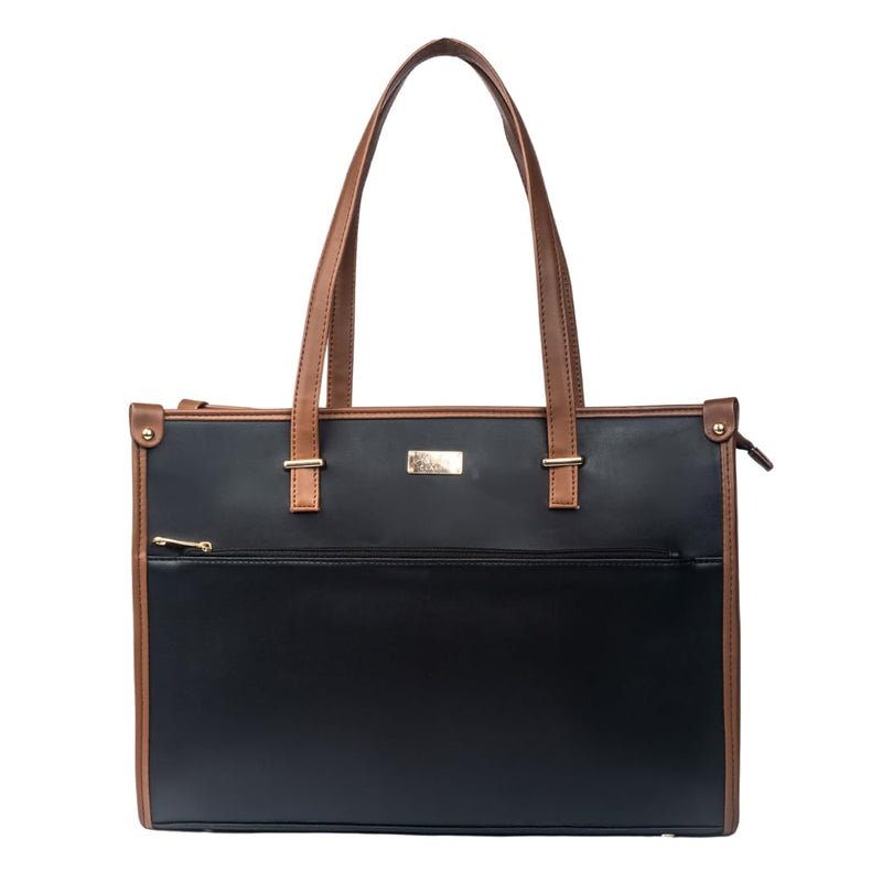 Strokes by Namrata Mehta Box Tote Bag for Women | Fits 16 Laptop | Large Tote Bag For Office Use and Work | Vegan Leather (Charcoal Caramel)