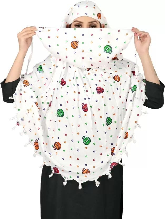 Navvi Pure Cotton Printed White Scarf for Women & Girls | Scarf with Head Cover | Scarves |Bandana| Hijab | Dupatta | Protection from Sunlight, Dust | Usable for Scooty, Bike
