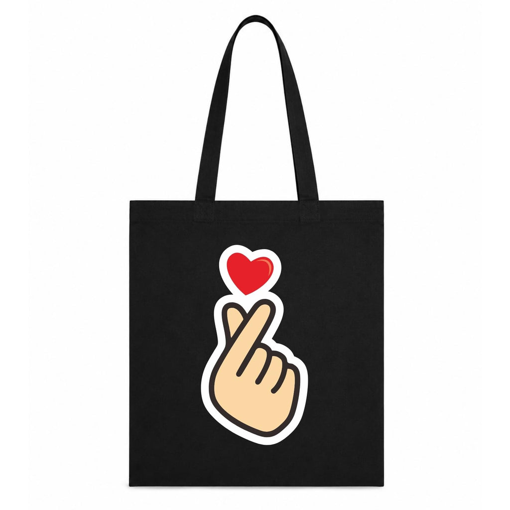 Adorvue New Launch Black Canvas Tote Bag for Women with Korean Finger Heart Art | Premium Cotton Reusable Shopping Shoulder Bag | Cute Kawaii Eco-Friendly Tote for College, Office, Travel & Daily Use
