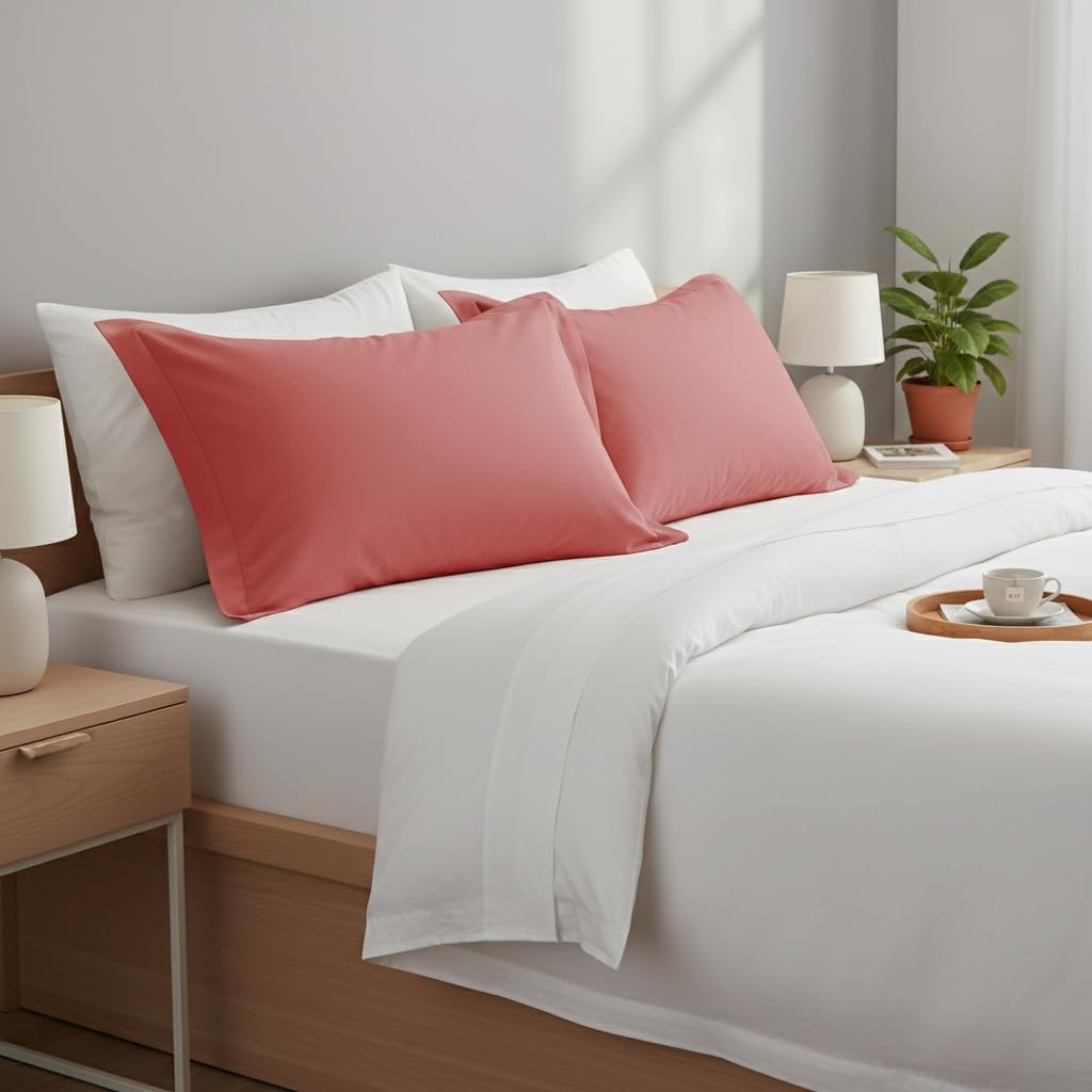 BSB Homes® Luxury Cotton Solid Flanged Pillow Covers | Ultrasoft Breathable Flap Closure | Pack of 2 Pillow Covers King Size (Red, 18 x 28 Inches)