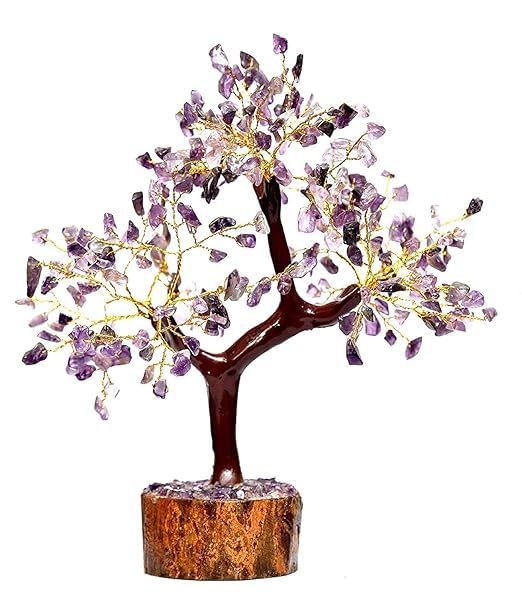 JINALI GEMS ® Amethyst Crystal Gemstone Money Tree Natural Healing for Good Luck, Wealth and Prosperity with Golden Wire 300 Beads, 9-10 Inches