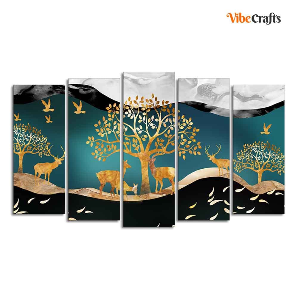 VIBECRAFTS Trees and Deer Canvas Wall Painting Set of Five Pieces For Home|Office|Living Room|Gift (PTVC5Pcs2_6572)