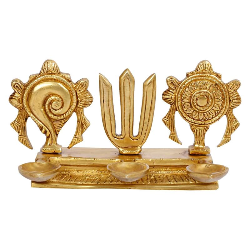 Svarup 4.25 Inch Brass Shankh Chakra Namah Diya: Gold Color Color