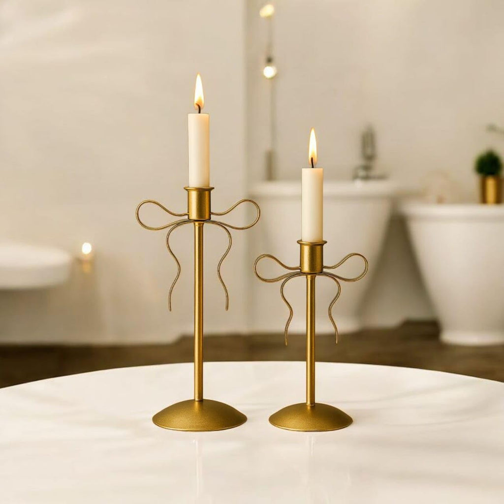 VELMORE Sky Golden Metal Candle Holder Set of 2, 6 and 8 Inch Taper Candle Stand, Minimalist Home Decor for Bedroom, Table and Living Room