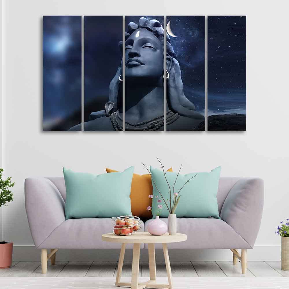 VIBECRAFTS Adiyogi Shiva Statue Canvas Wall Painting of Five Pieces For Home|Office|Living Room|Gift (PTVC5Pcs4_8720N)