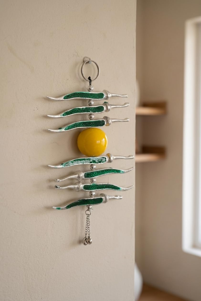 KridayKraft Decorative Silver Plated Multicolour Nimbu Mirchi Hanging, Traditional Door Entrance Decor for Positivity and Protection.