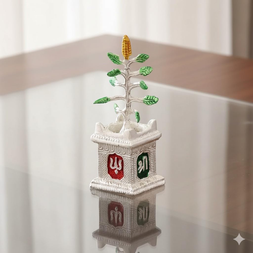 Decorative Silver Tulsi Plant for Home, Shop and Office Decor, Traditional Hindu Pooja Mandir, 14cm Height, 5x5cm Base