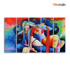 VIBECRAFTS Radha Krishan Playing Flute Canvas Wall Painting Five Panel Set For Home|Office|Living Room|Gift (PTVC5Pcs4_8693)