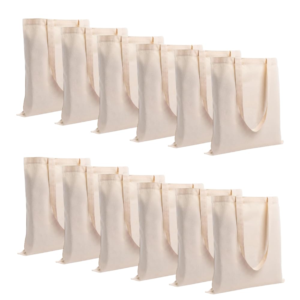 14x16 Inch Cotton Plain Tote Bag, Reusable Shopping Bag, Large Size Cotton Hand Bag For Grocery,Office,College,Travel, Beige (Pack of 12)